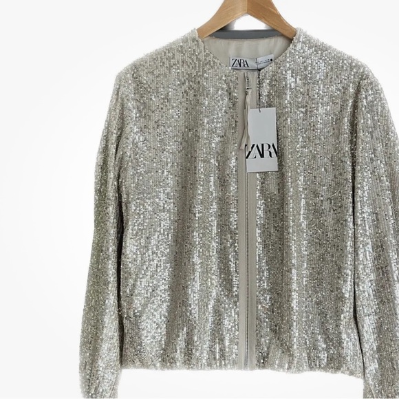 - CHAMPAGNE SEQUIN SILVER BOMBER JACKET WITH ZIPPER sz large - Picture 6 of 7